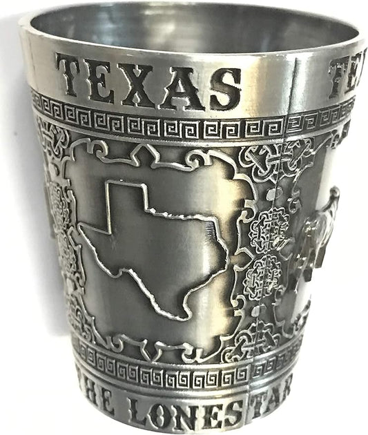 DALLAS SOUVENIR METAL PEWTER DESIGN SHOT GLASS TEXAS